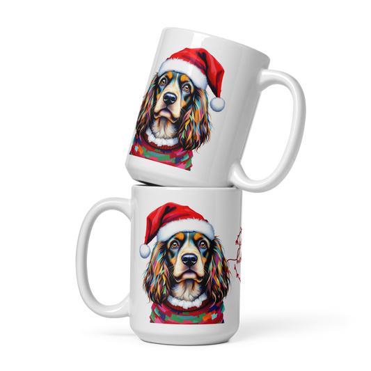 Cocker Spaniel Wearing Ugly Christmas Sweater and Santa Hat Glossy White Mug