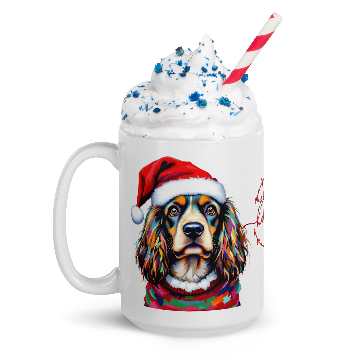 Cocker Spaniel Wearing Ugly Christmas Sweater and Santa Hat Glossy White Mug