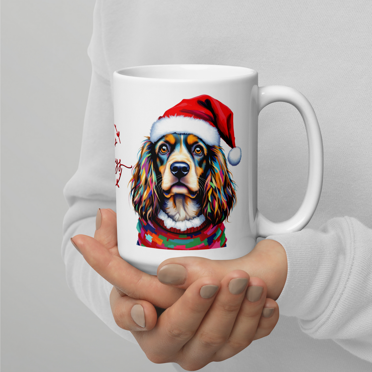 Cocker Spaniel Wearing Ugly Christmas Sweater and Santa Hat Glossy White Mug