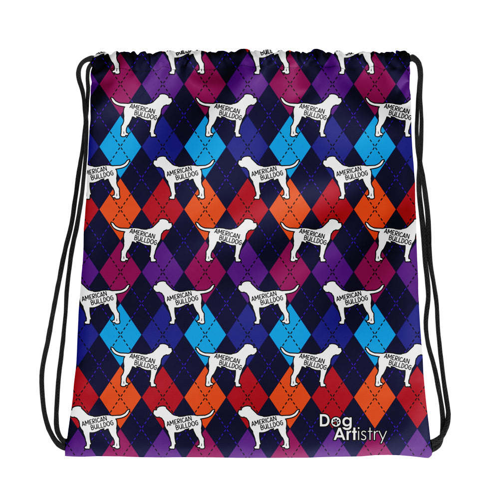Colorful Argyle American Bulldog Drawstring bag