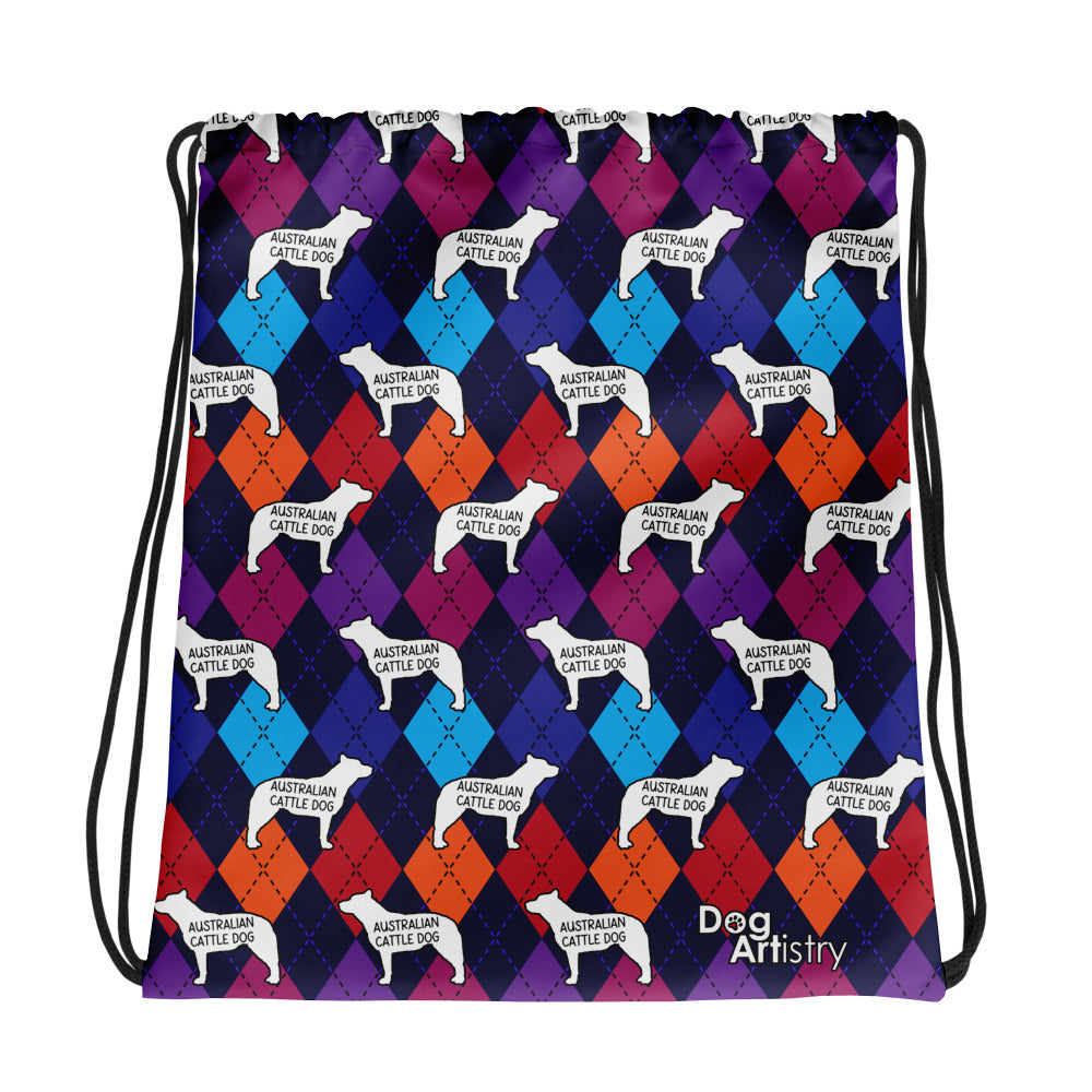 Colorful Argyle Australian Cattle Dog Drawstring bag