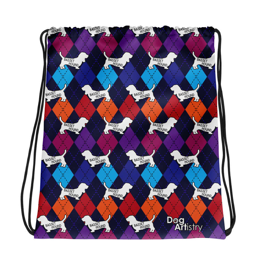 Colorful Argyle Basset Hound Drawstring bag