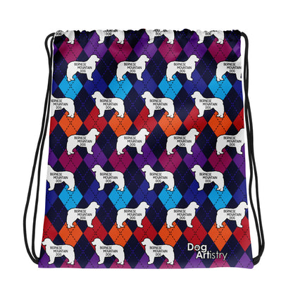 Colorful Argyle Bernese Mountain Dog Drawstring bag