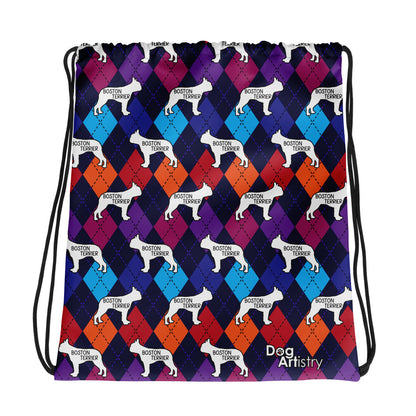 Colorful Argyle Boston Terrier Drawstring bag