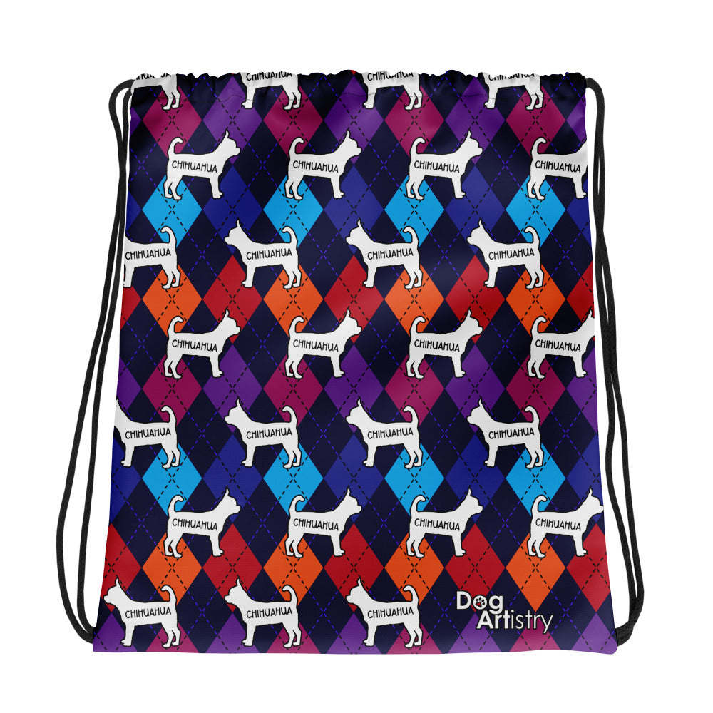 Colorful Argyle Chihuahua Drawstring bag