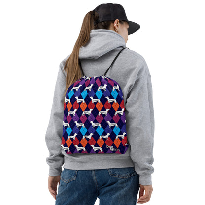 Colorful Argyle Dachshund Drawstring bag