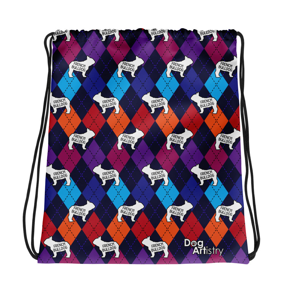 Colorful Argyle French Bulldog Drawstring bag