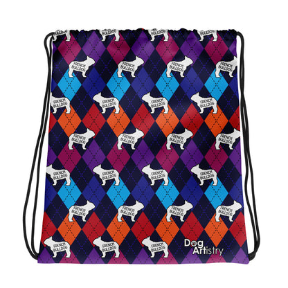 Colorful Argyle French Bulldog Drawstring bag