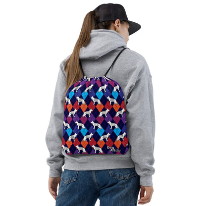 Colorful Argyle German Shepherd Drawstring bag