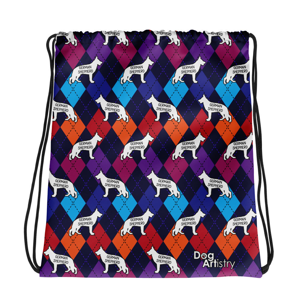 Colorful Argyle German Shepherd Drawstring bag