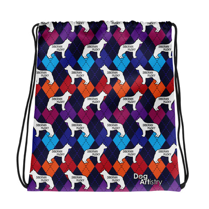 Colorful Argyle Siberian Husky Drawstring bag