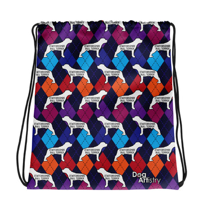 Colorful Argyle Staffordshire Bull Terrier Drawstring bag