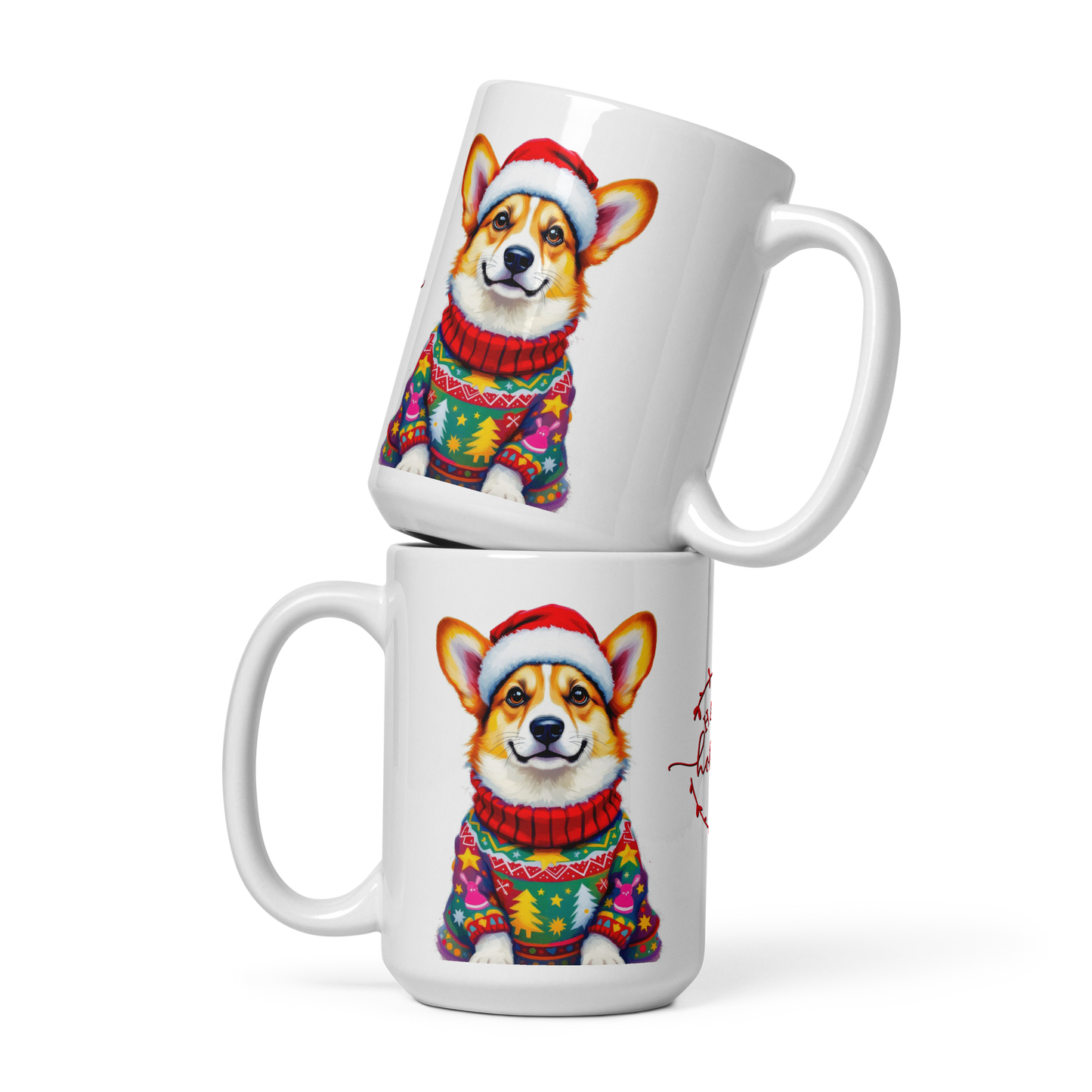 Corgi Wearing Ugly Christmas Sweater and Santa Hat Glossy White Mug