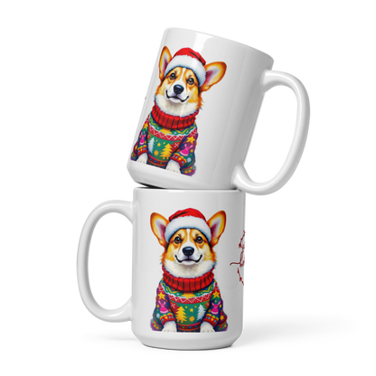 Corgi Wearing Ugly Christmas Sweater and Santa Hat Glossy White Mug