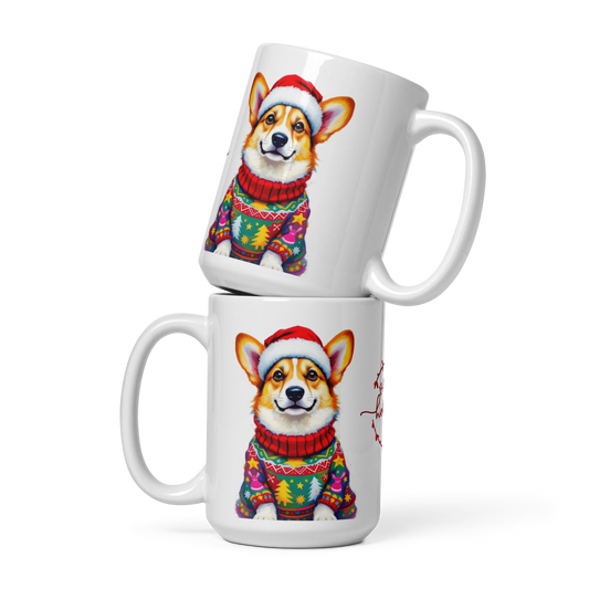 Corgi Wearing Ugly Christmas Sweater and Santa Hat Glossy White Mug