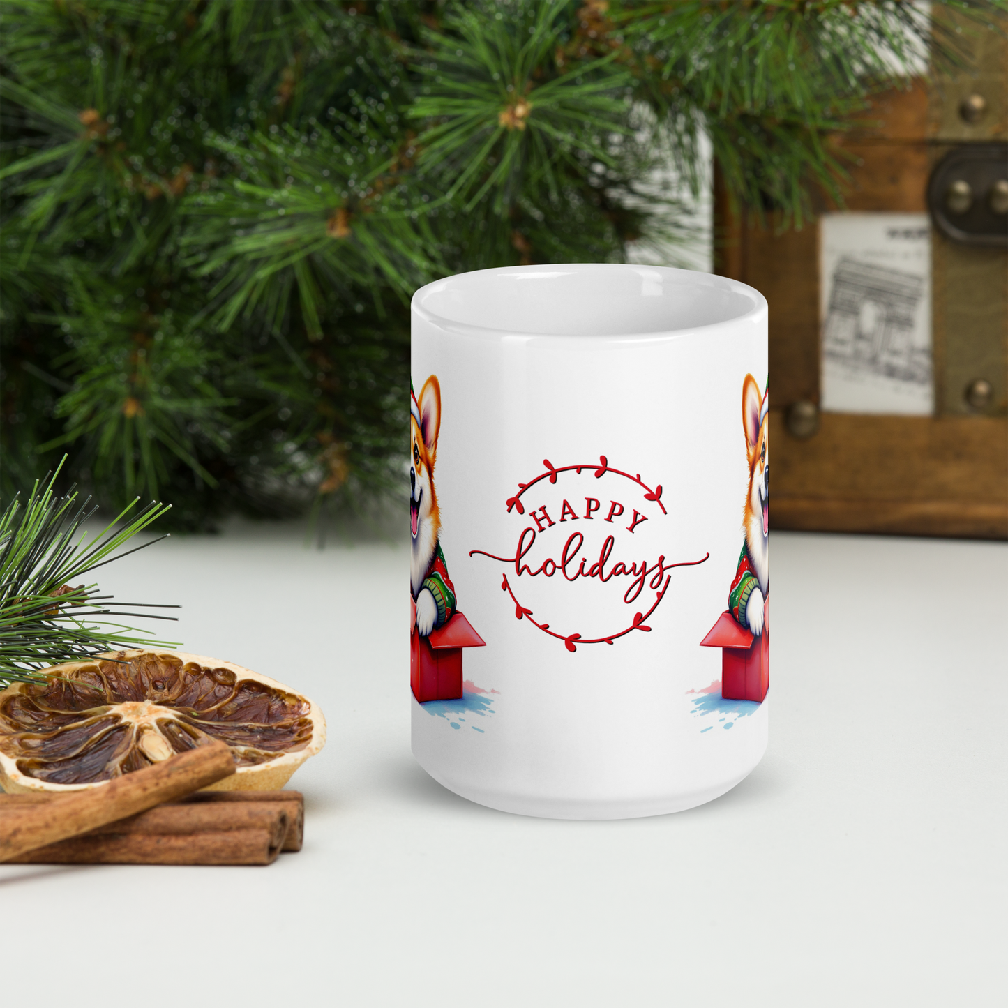 Corgi Wearing Ugly Christmas Sweater and Santa Hat Coming Out Of Gift Box Glossy White Mug