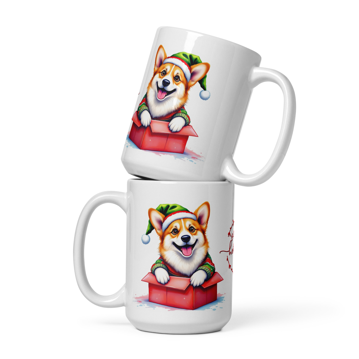 Corgi Wearing Ugly Christmas Sweater and Santa Hat Coming Out Of Gift Box Glossy White Mug