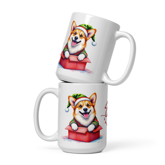 Corgi Wearing Ugly Christmas Sweater and Santa Hat Coming Out Of Gift Box Glossy White Mug