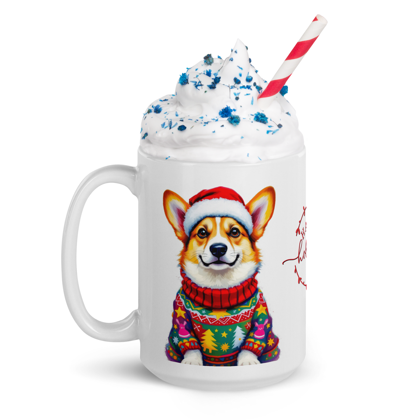 Corgi Wearing Ugly Christmas Sweater and Santa Hat Glossy White Mug