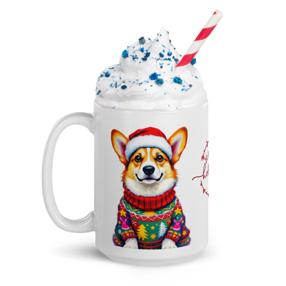 Corgi Wearing Ugly Christmas Sweater and Santa Hat Glossy White Mug