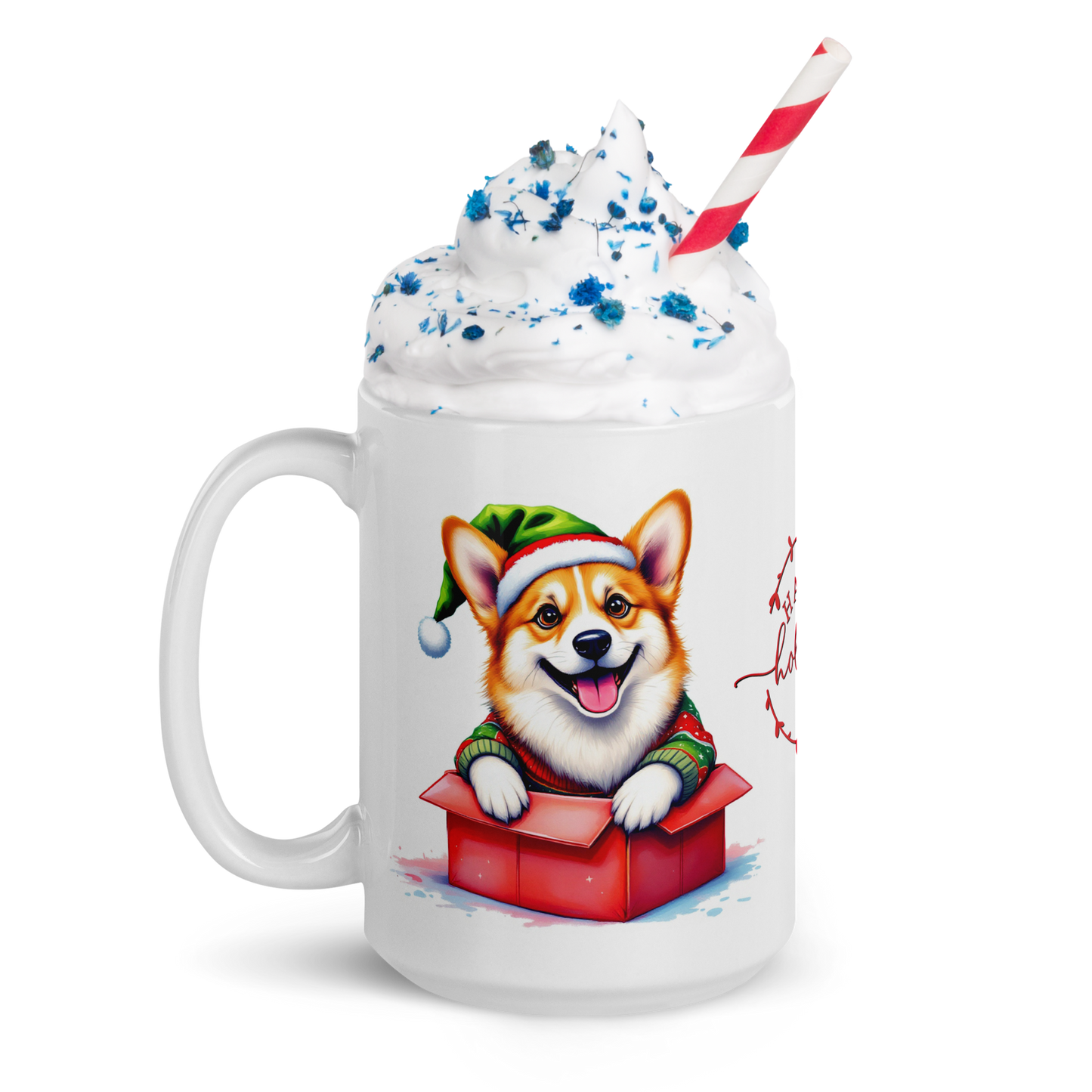 Corgi Wearing Ugly Christmas Sweater and Santa Hat Coming Out Of Gift Box Glossy White Mug