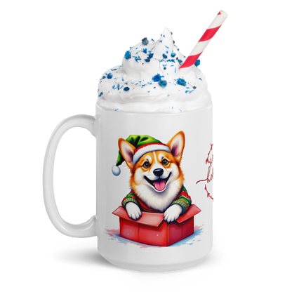 Corgi Wearing Ugly Christmas Sweater and Santa Hat Coming Out Of Gift Box Glossy White Mug