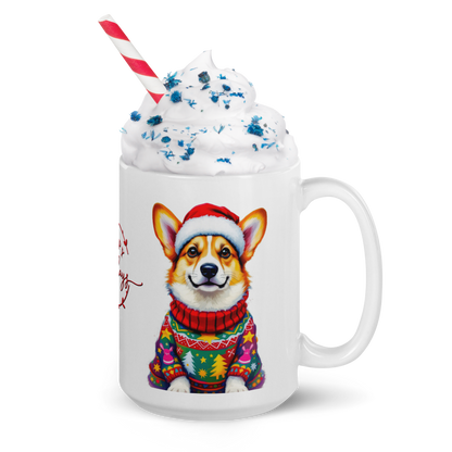 Corgi Wearing Ugly Christmas Sweater and Santa Hat Glossy White Mug