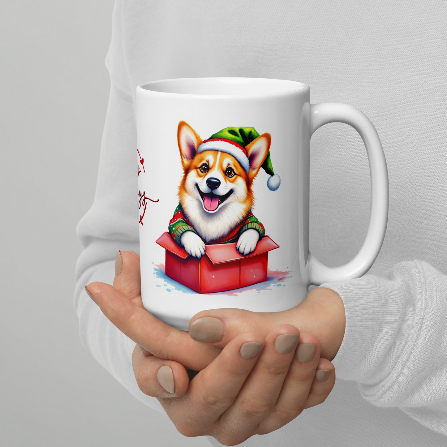 Corgi Wearing Ugly Christmas Sweater and Santa Hat Coming Out Of Gift Box Glossy White Mug