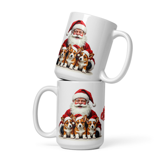 Corgi Puppies with Santa Claus Glossy White Mug