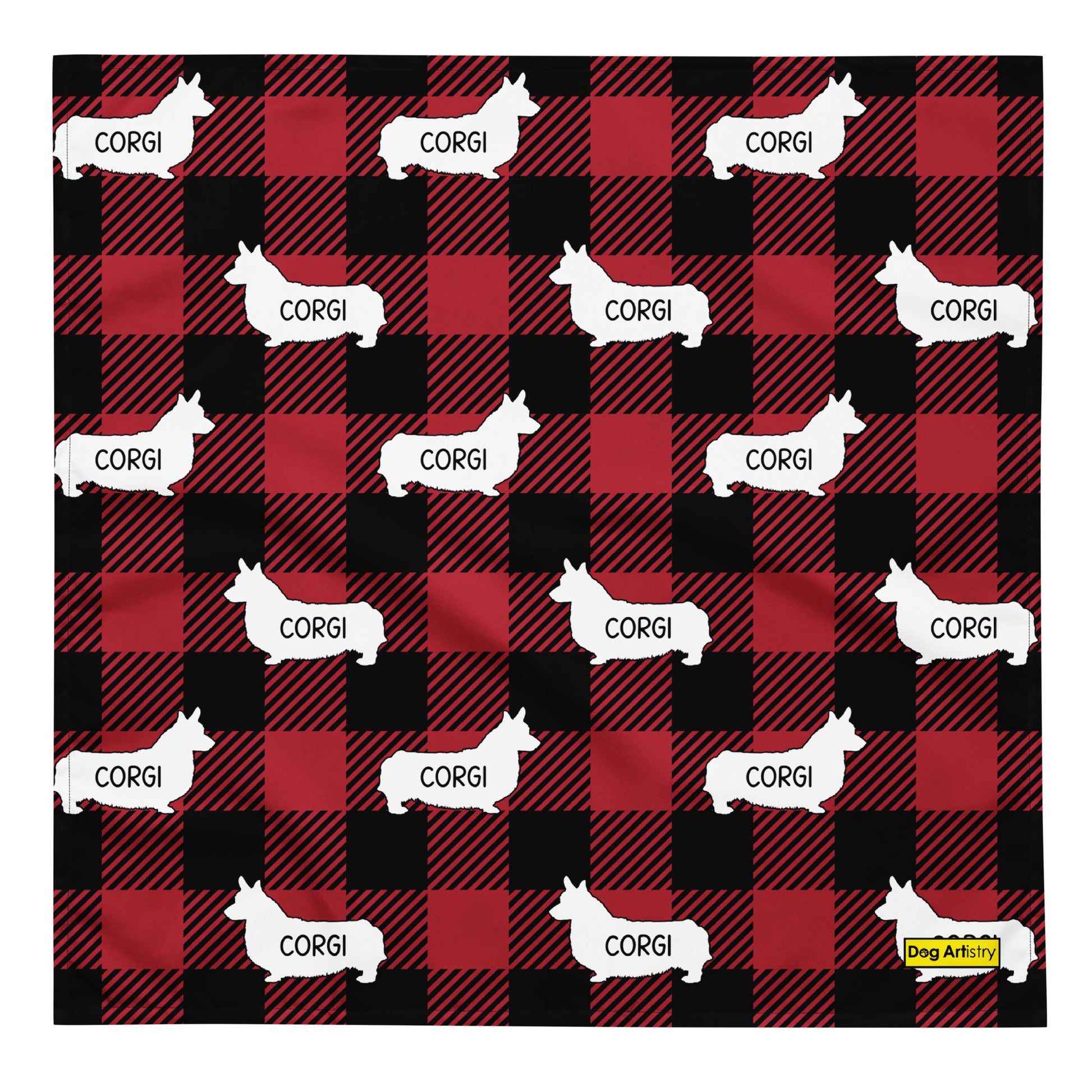 Corgi dark red plaid bandana by Dog Artistry.