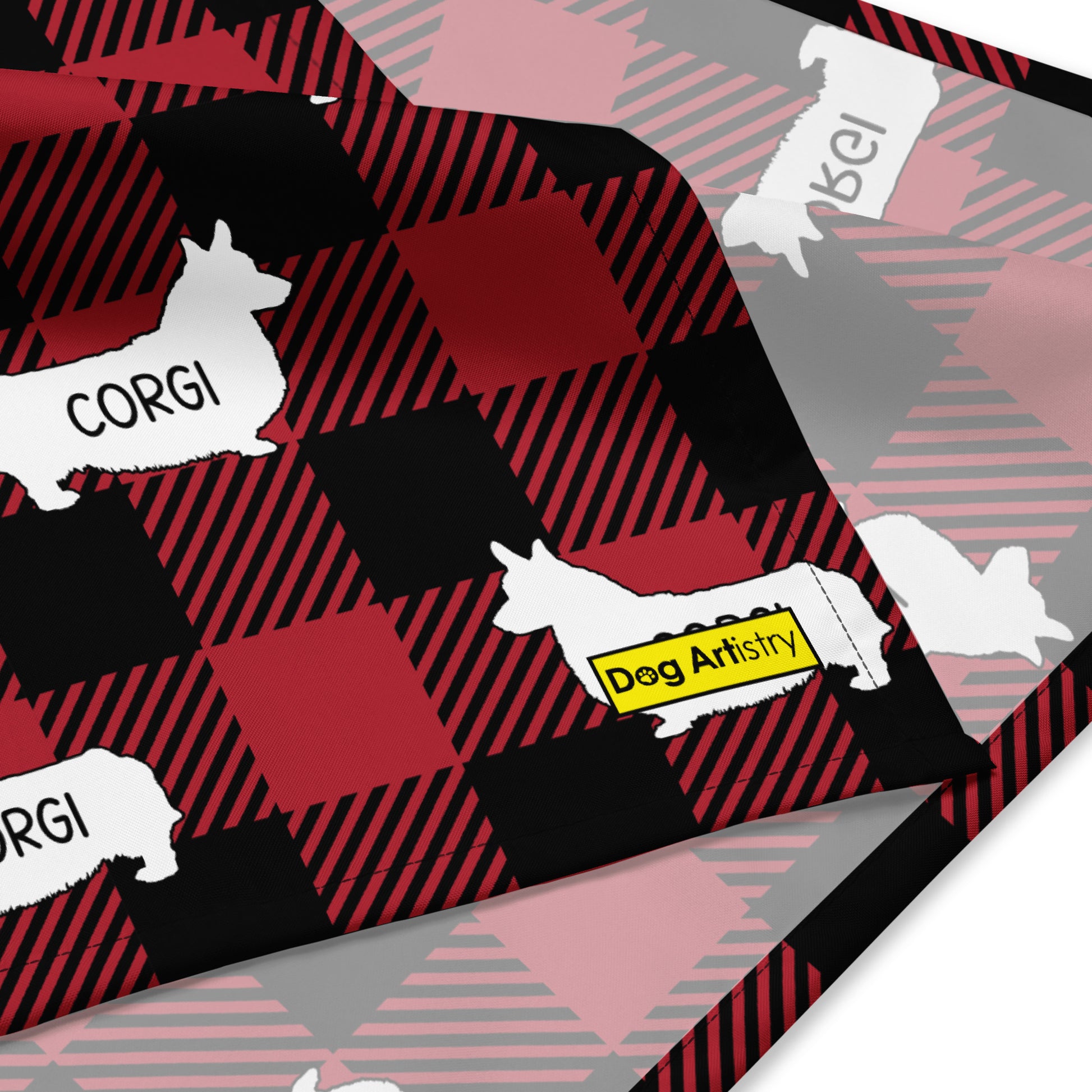 Corgi dark red plaid bandana by Dog Artistry. Close up.