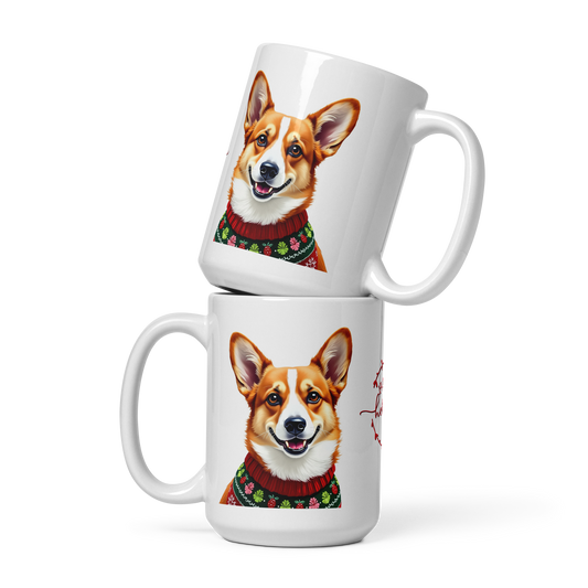 Corgi Wearing Ugly Christmas Sweater Glossy White Mug