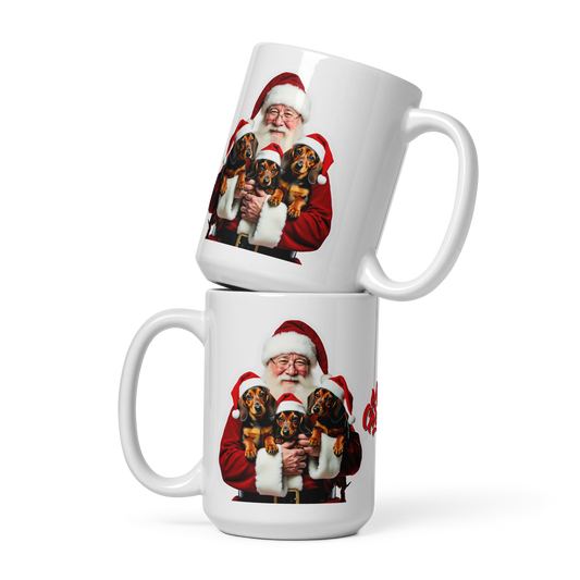 Dachshund Puppies with Santa Claus Glossy White Mug