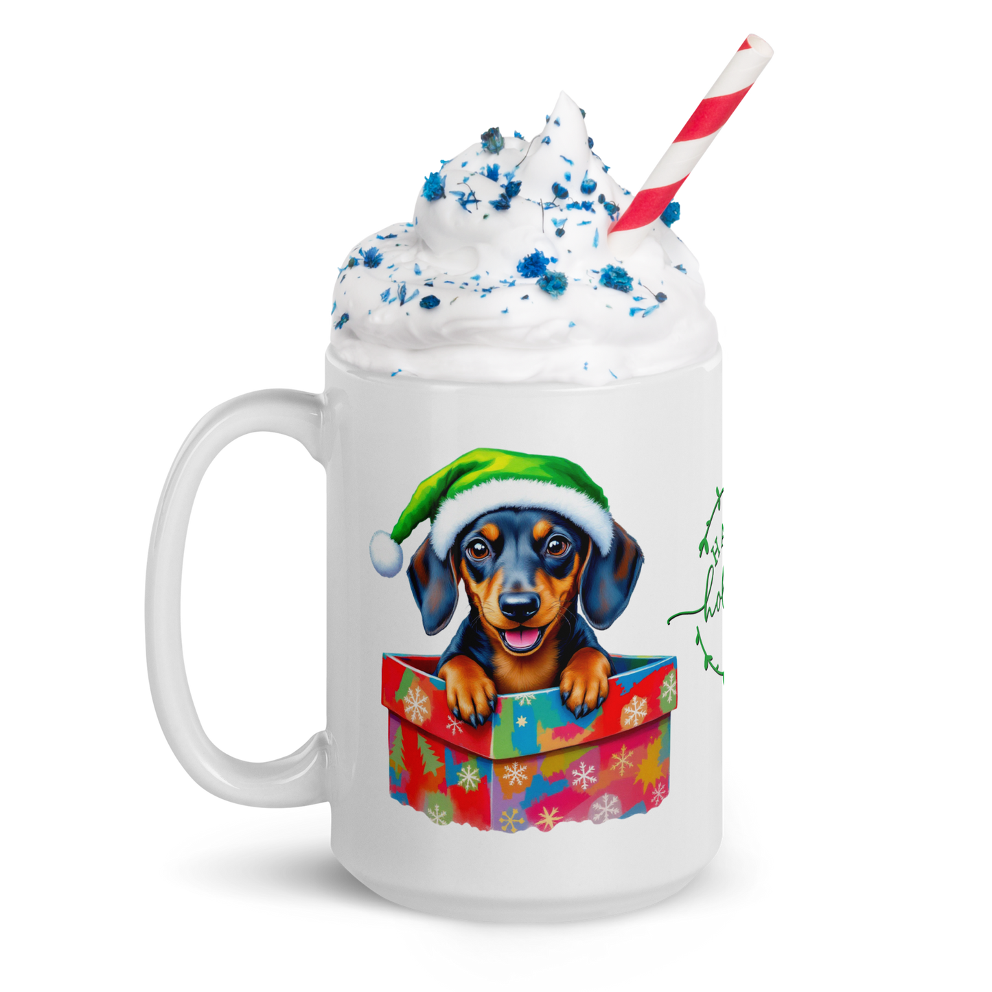 Dachshund Puppy Wearing Santa Hat Coming Out of a Present White Glossy Mug