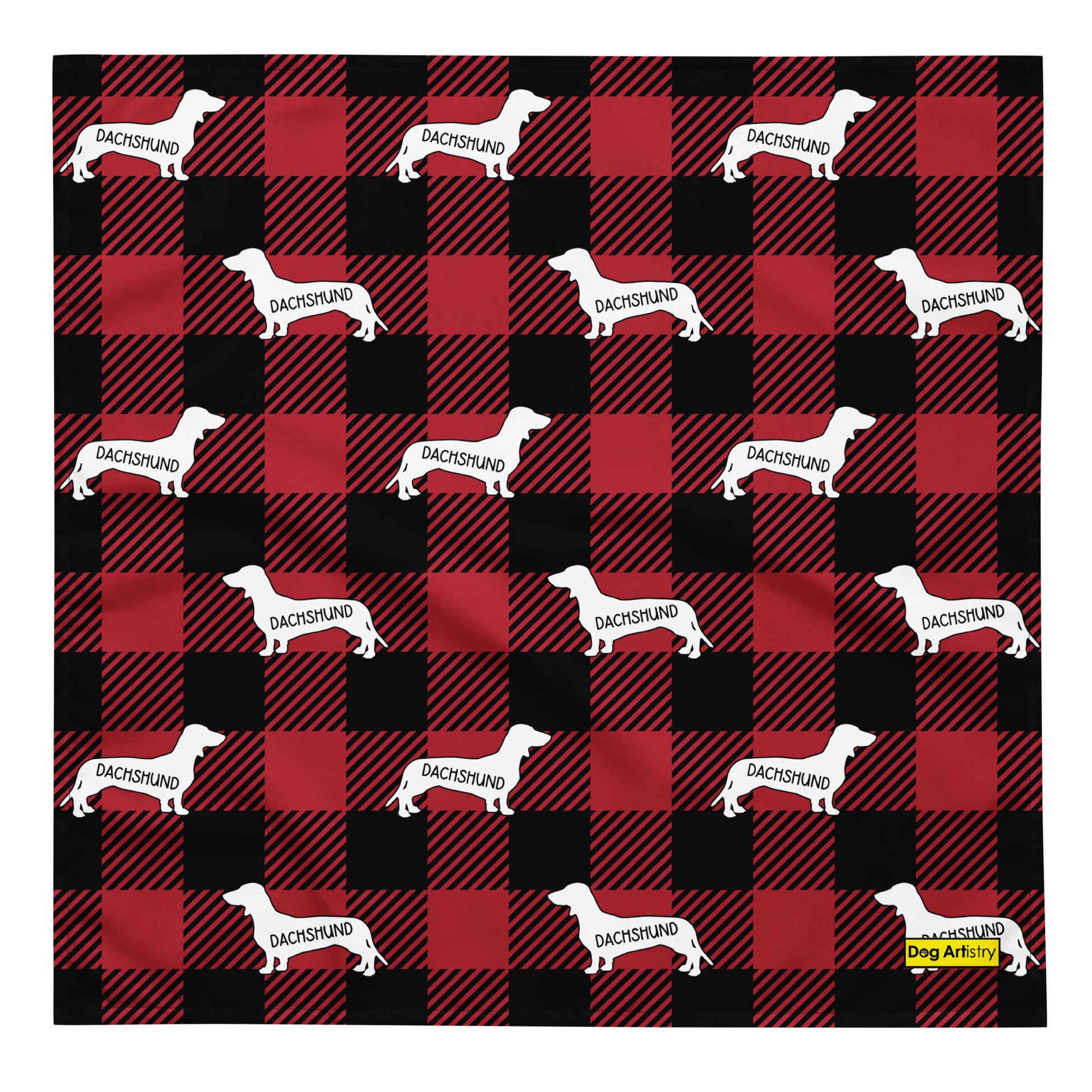 Dachshund dark red plaid bandana by Dog Artistry.