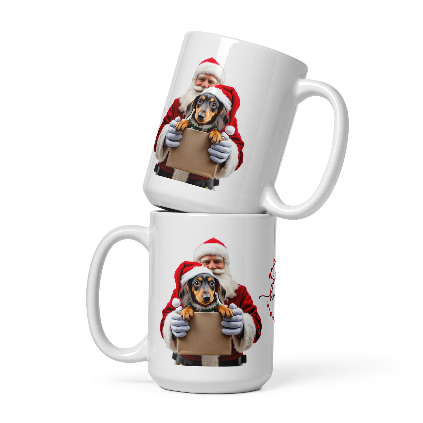 Dachshund With Santa Clause Coming Out Of A Gift Box White Glossy Mug