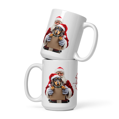 Dachshund With Santa Clause Coming Out Of A Gift Box White Glossy Mug