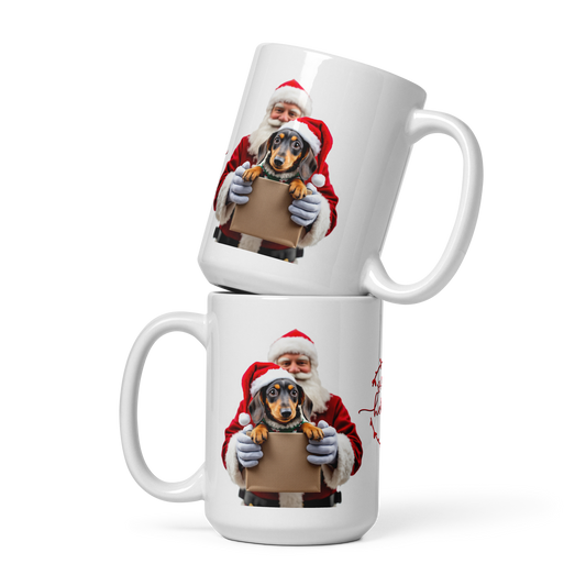 Dachshund With Santa Clause Coming Out Of A Gift Box White Glossy Mug