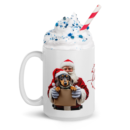 Dachshund With Santa Clause Coming Out Of A Gift Box White Glossy Mug