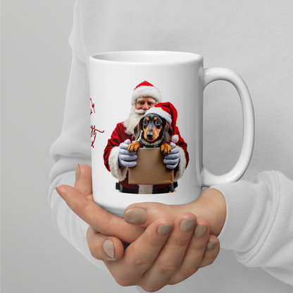 Dachshund With Santa Clause Coming Out Of A Gift Box White Glossy Mug