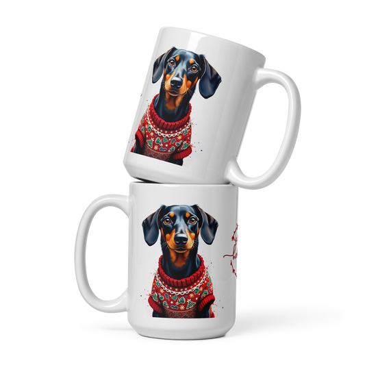 Dachshund Wearing Ugly Christmas Sweater Glossy White Mug