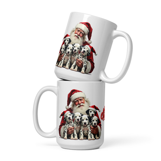 Dalmatian Puppies with Santa Claus Glossy White Mug