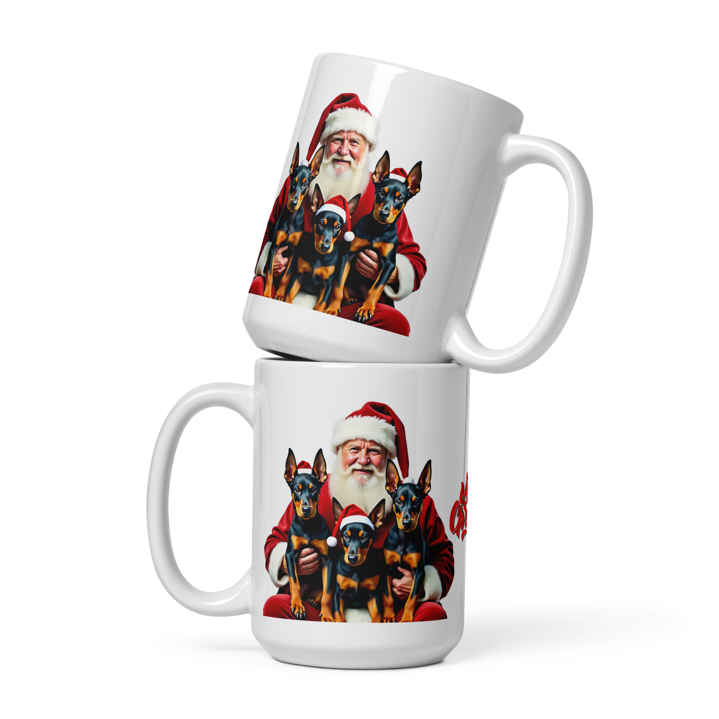 Doberman Pinscher Puppies with Santa Claus Glossy White Mug