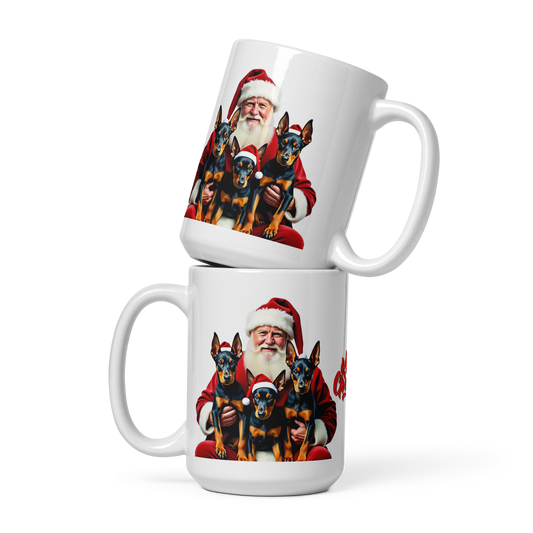 Doberman Pinscher Puppies with Santa Claus Glossy White Mug