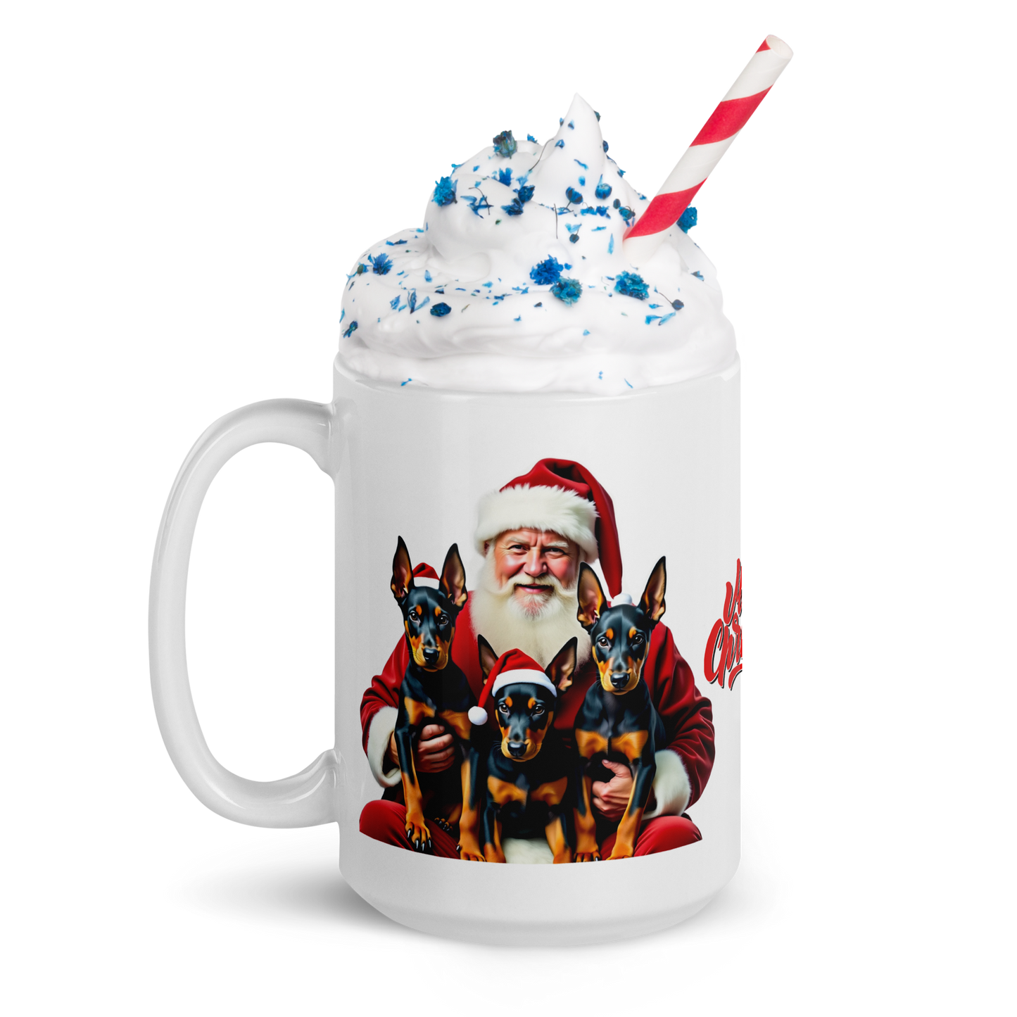 Doberman Pinscher Puppies with Santa Claus Glossy White Mug