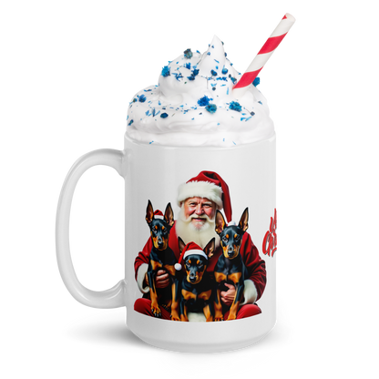 Doberman Pinscher Puppies with Santa Claus Glossy White Mug