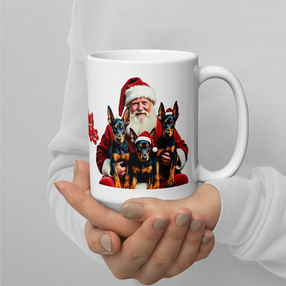 Doberman Pinscher Puppies with Santa Claus Glossy White Mug