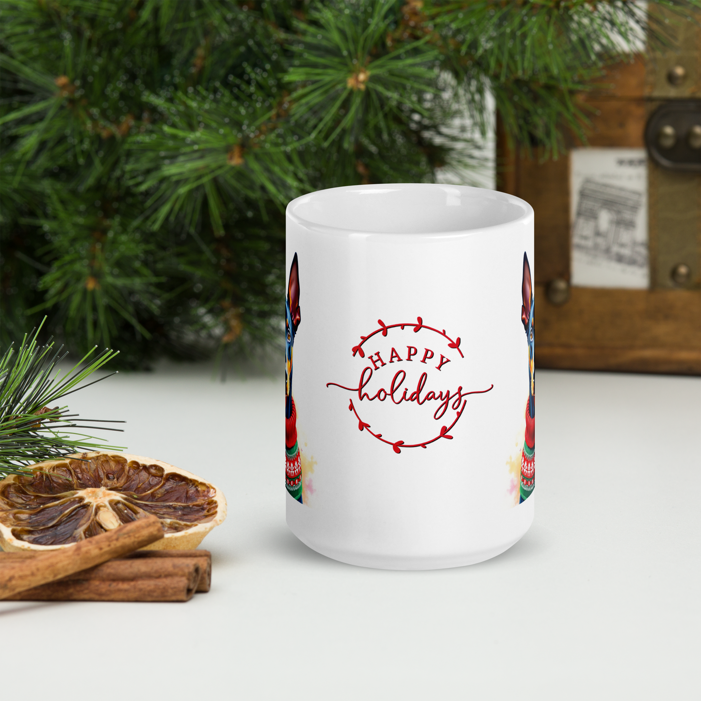 Doberman Pinscher Wearing Ugly Christmas Sweater Glossy White Mug