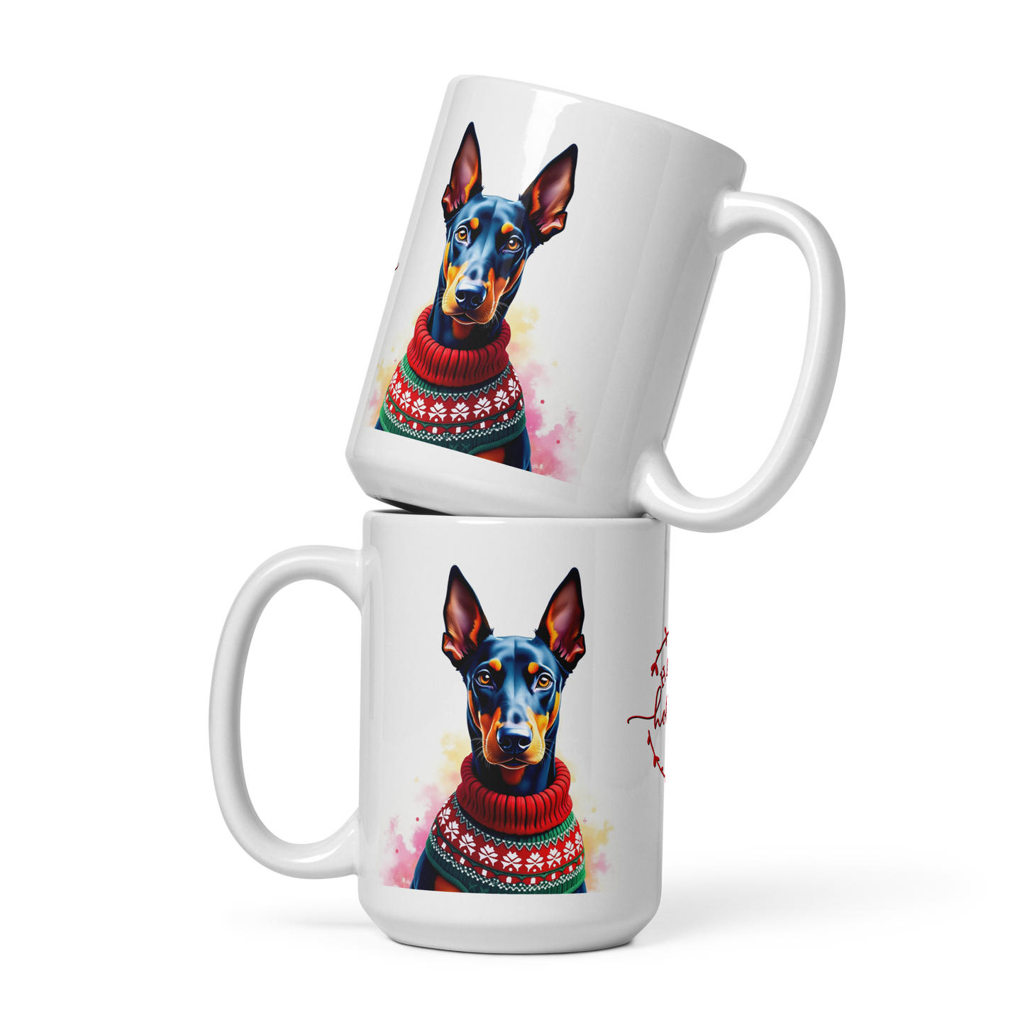 Doberman Pinscher Wearing Ugly Christmas Sweater Glossy White Mug