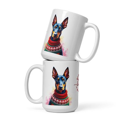 Doberman Pinscher Wearing Ugly Christmas Sweater Glossy White Mug